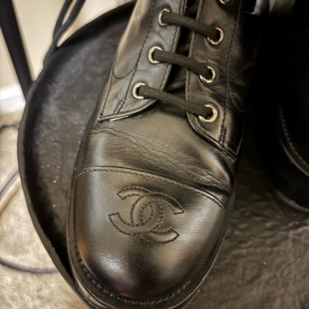 Chanel tall ankle combat boots silver tone lace accessories with Chanel logos! - Picture 5 of 7